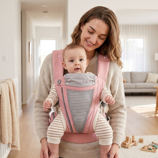 Parent wearing the Little Manta Voyage Baby Carrier in pink with baby facing in