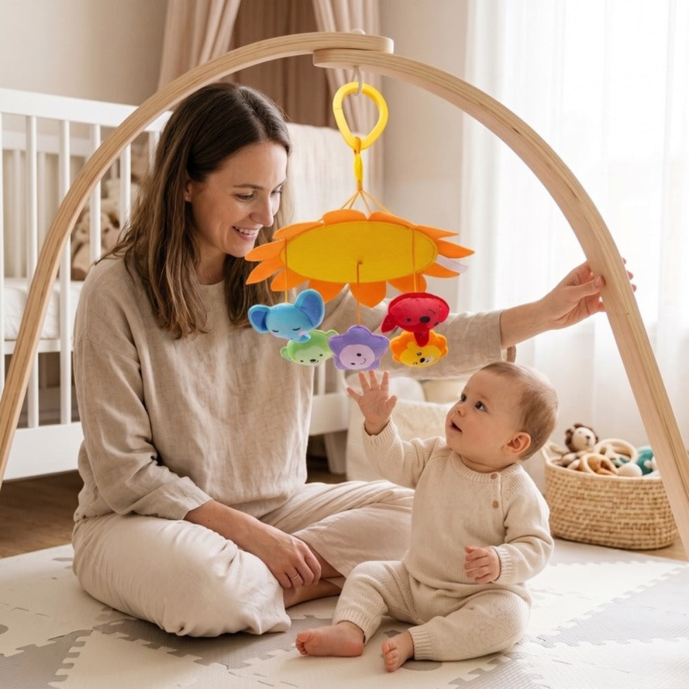 Little Manta Whirl Baby Pram Rattle attached to a crib