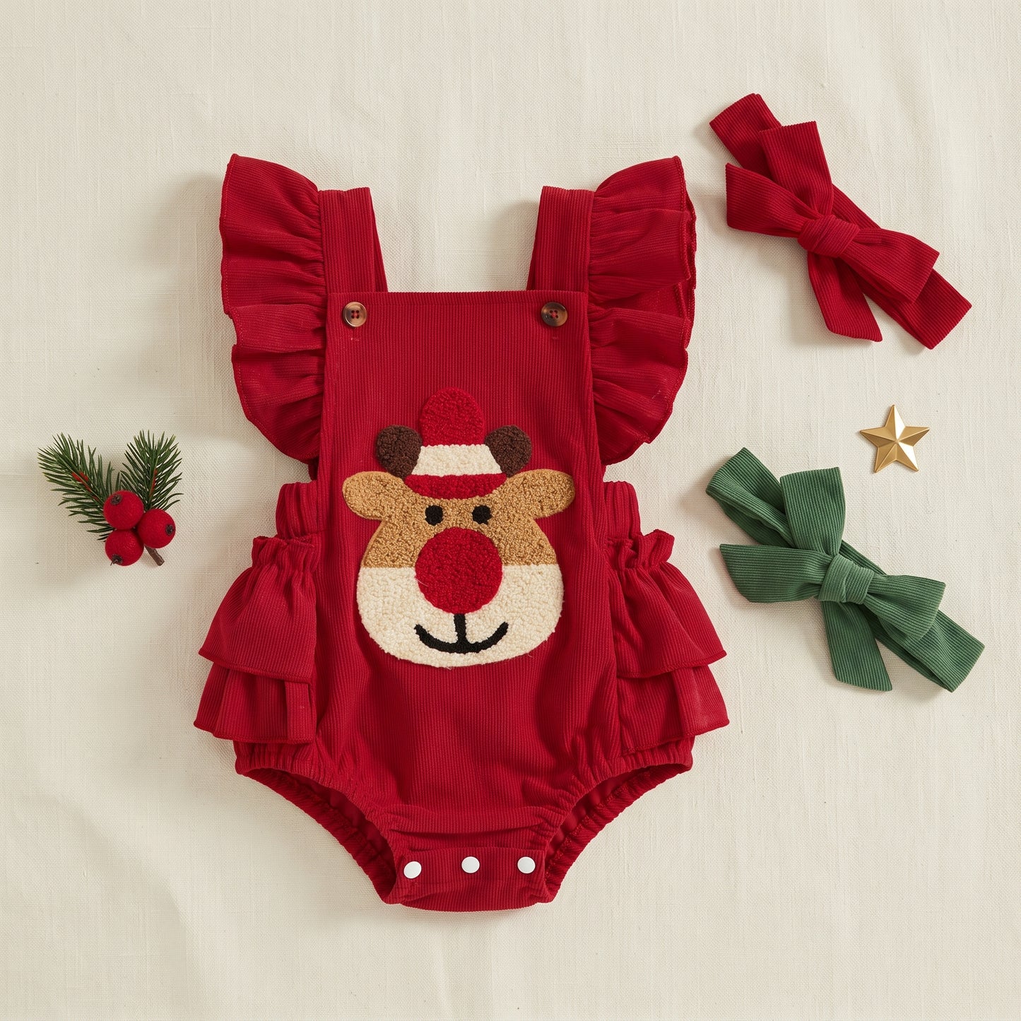 Little Manta Reindeer Ruffle Baby Romper